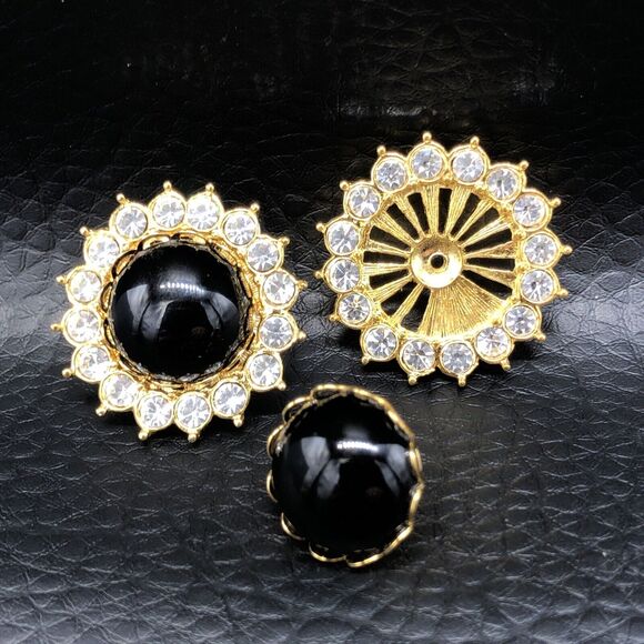 Vintage Joan Rivers Earrings Convertible Rhinestone Frame Black Dome Posts - Picture 1 of 10